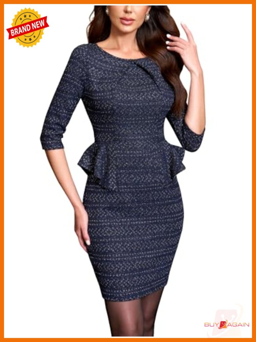 Tweed Peplum Dress Pleated Crew Neck 3/4 Sleeve Work Midi